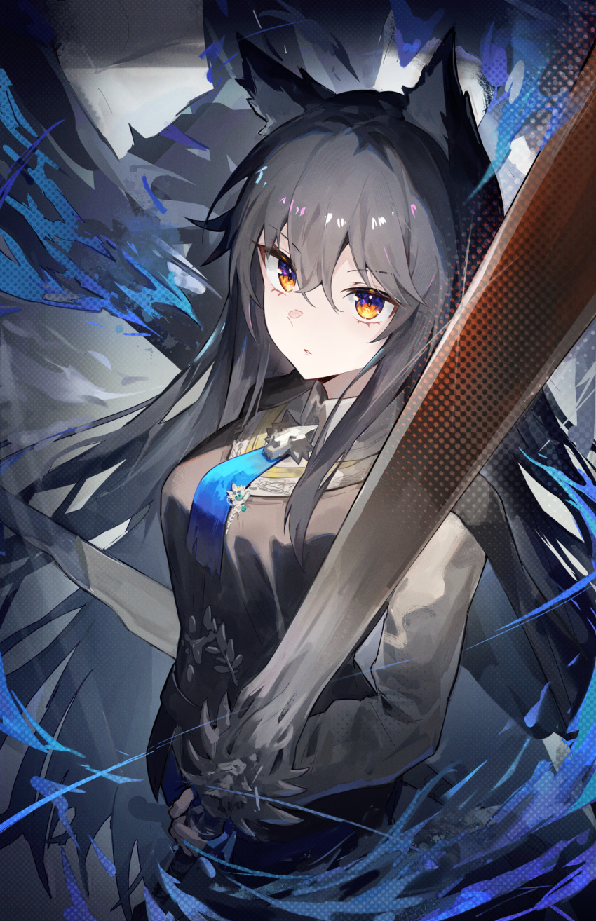 1girl animal_ear_fluff animal_ears arknights black_hair black_vest blue_necktie collared_shirt commentary english_commentary greypidjun highres holding holding_sword holding_weapon jacket jacket_on_shoulders long_hair long_sleeves looking_at_viewer necktie official_alternate_costume orange_eyes shirt short_necktie solo sword texas_(arknights) texas_the_omertosa_(arknights) vest waistcoat weapon white_shirt wolf_ears wolf_girl