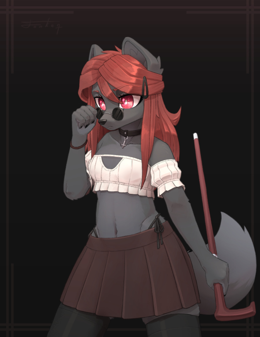 anthro black_body black_eyewear black_fur black_glasses blind bottomwear canid canine clementine_(dipfanken) clothing collar dipfanken eyewear female fox fur glasses hi_res legwear mammal simple_background skirt solo thigh_highs walking_stick