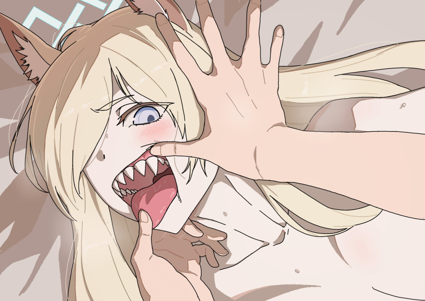 1girl 1other absurdres animal_ear_fluff animal_ears blonde_hair blue_archive blush close-up dog_ears finger_in_another's_mouth grey_eyes hair_over_one_eye highres kanna_(blue_archive) long_hair mouth_pull nude open_mouth osame sharp_teeth solo_focus sweat teeth tongue tongue_grab tongue_out