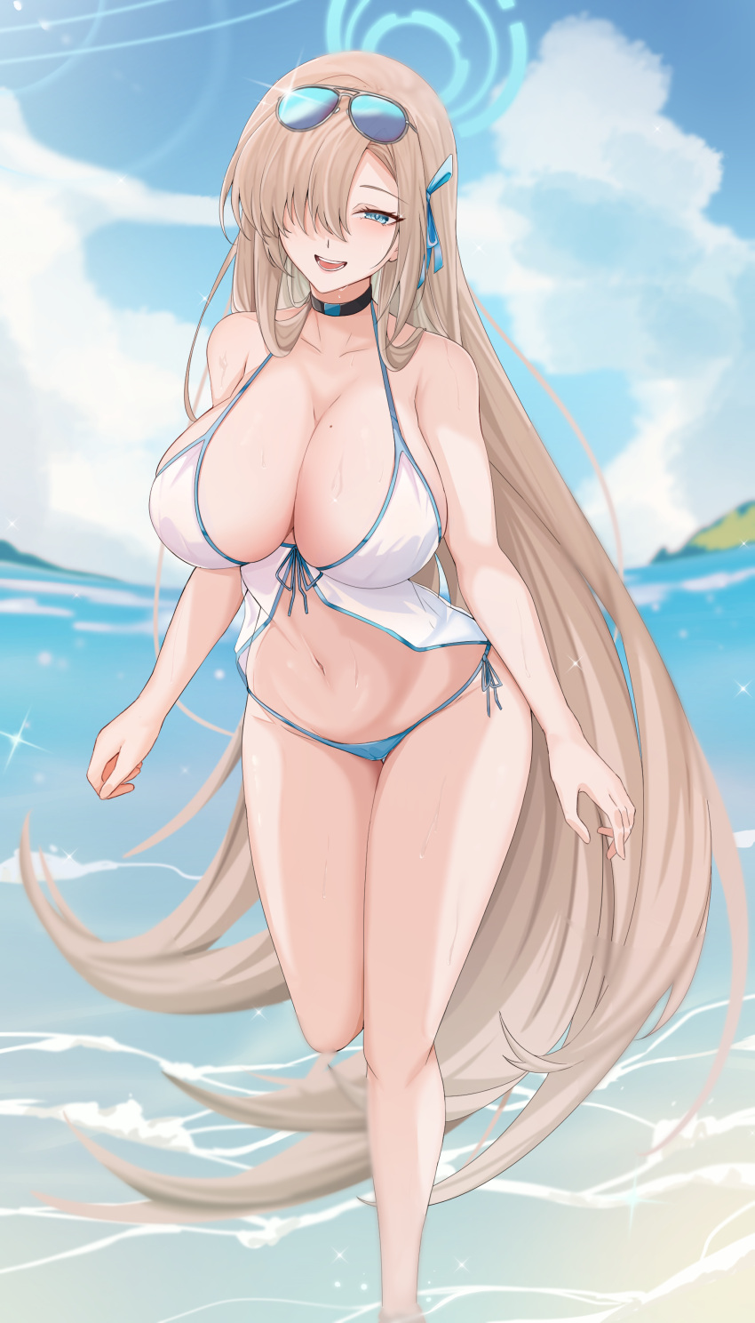 1girl absurdres asuna_(blue_archive) babydoll bare_shoulders beach bikini blue_archive blue_bikini blue_eyes blue_ribbon blue_sky blush breasts choker cleavage collarbone commentary hair_over_one_eye hair_ribbon halo highres large_breasts light_brown_hair long_hair looking_at_viewer mole mole_on_breast navel open_mouth ribbon shore sky smile solo swimsuit thighs vanko_(vank0a) very_long_hair