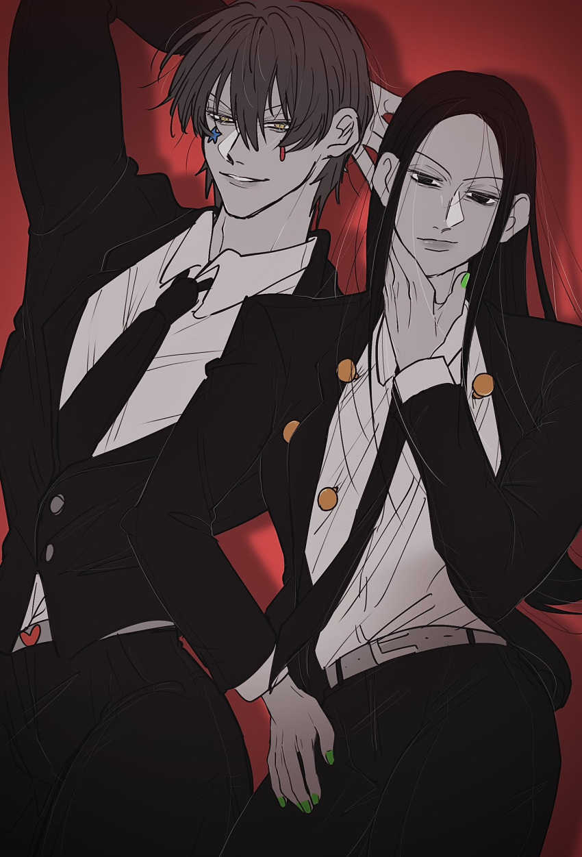 2boys black_hair black_necktie black_suit cowboy_shot facepaint facial_mark formal green_nails hand_on_own_face hand_on_own_hip highres hisoka_morow hunter_x_hunter illumi_zoldyck long_hair looking_at_viewer male_focus multiple_boys nail_polish necktie pin red_background red_hair shirt short_hair simple_background smile star_(symbol) star_facial_mark suit teardrop_facial_mark teardrop_tattoo tktk_7777 white_shirt yellow_eyes