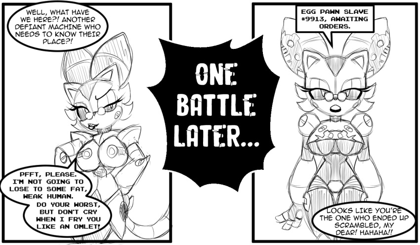 2023 anthro before_and_after big_breasts breasts chaoscroc dialogue domestic_cat dr._tamago eggman_logo english_text eyelashes eyewear fan_character felid feline felis female glasses greyscale half-closed_eyes joints machine mammal mind_control monochrome narrowed_eyes robot sega sketch slave solo sonic_the_hedgehog_(series) speech_bubble text under_boob wearing_glasses
