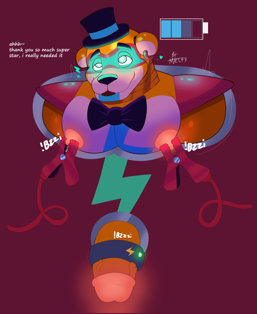 absurd_res android animatronic anthro bear big_penis black_nose blue_eyes bow_tie clothing damelty erection five_nights_at_freddy's five_nights_at_freddy's:_security_breach genitals glamrock_freddy_(fnaf) glowing glowing_eyes glowing_genitalia glowing_nipples glowing_penis hat headgear headwear hi_res huge_penis machine male mammal nipple_fetish nipple_pinch nipple_play nipples orange_body pecs penile penis pinch robot scottgames sex_toy solo steel_wool_studios top_hat vibrator vibrator_on_penis