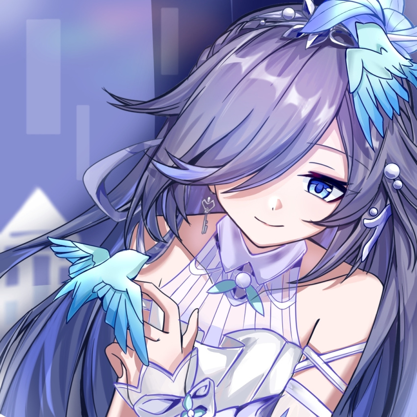 1girl alternate_costume animal_on_head arm_scrunchie bird bird_hair_ornament bird_on_head blue_eyes blue_hair closed_mouth dress eyebrows_hidden_by_hair fu63712960 fu_hua fu_hua_(azure_empyrea) fu_hua_(cerulean_court) grey_hair hair_ornament hair_over_one_eye honkai_(series) honkai_impact_3rd jewelry long_hair official_alternate_costume on_head open_hands ornate_ring pearl_hair_ornament putting_on_jewelry ring solo wedding white_dress