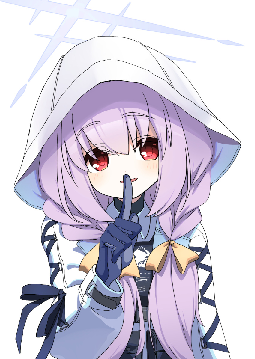 1girl atsuko_(blue_archive) blue_archive blue_gloves blush finger_to_mouth gloves hair_ribbon halo highres hood hood_up index_finger_raised long_hair long_sleeves looking_at_viewer mei_mu purple_hair red_eyes ribbon simple_background solo upper_body white_background yellow_ribbon