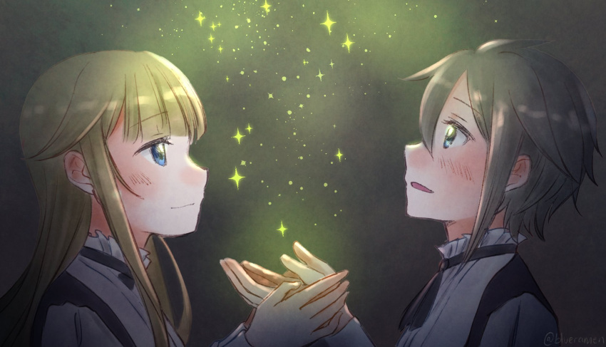 2girls ange_(princess_principal) black_ribbon blonde_hair blue_eyes brown_hair commentary highres holding_hands looking_up multiple_girls neck_ribbon princess_(princess_principal) princess_principal ribbon shirt signature smile star_(sky) symbol-only_commentary white_shirt xin_(blueramen) yuri