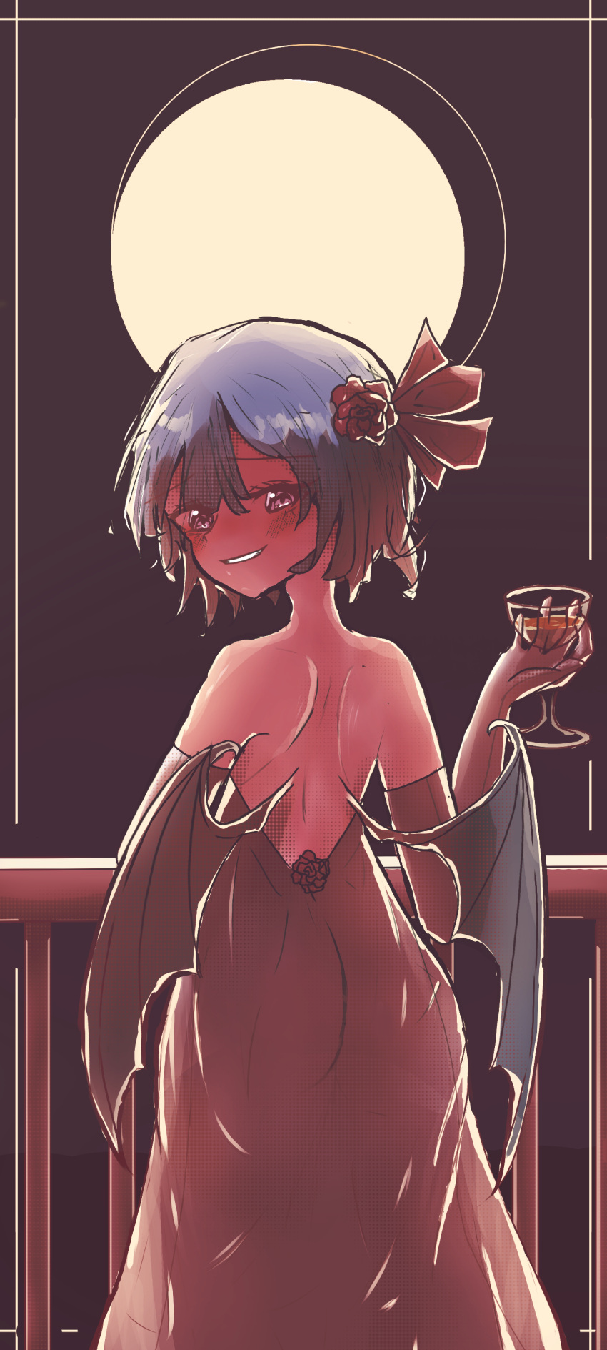 absurdres alcohol alternate_costume balcony bat_wings cup dress drinking_glass flower hair_flower hair_ornament halftone highres moon non-web_source remilia_scarlet ribbon rose touhou vampire white_dress wine wine_glass wings
