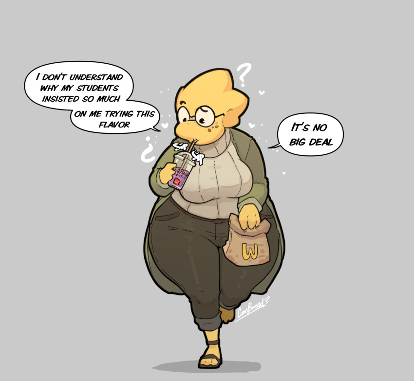 2023 alphys anthro big_breasts breasts clothed clothing cumbread deltarune dialogue digital_media_(artwork) dinosaur english_text eyewear female food glasses grimace_birthday_shake hi_res huge_hips huge_thighs humor imminent_death overweight overweight_anthro overweight_female question_mark reptile scales scalie solo text thick_thighs undertale_(series) wide_hips yellow_body yellow_scales