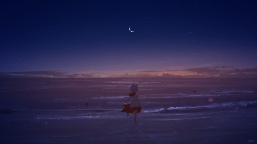 1girl animal_ears beach cat_ears cat_tail cloud crescent_moon footprints highres horizon moon night night_sky original red_skirt ribbon rune_xiao sailor_collar sand scenery short_hair skirt sky solo tail tail_ornament tail_ribbon twilight water white_hair