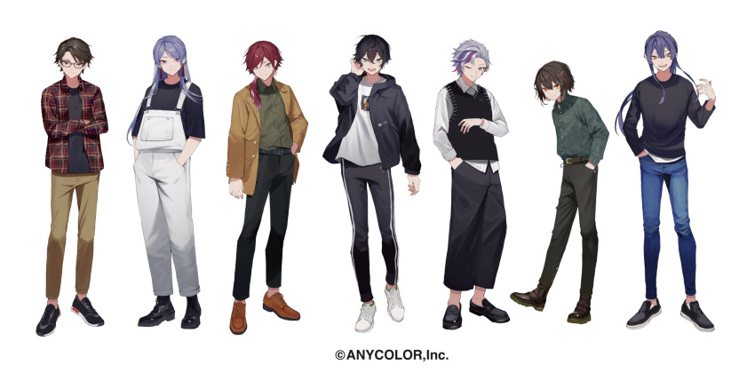 6+boys :d alternate_costume axia_krone belt black-framed_eyewear black_belt black_eyes black_footwear black_hair black_jacket black_pants black_shirt black_sweater_vest blue_eyes blue_hair blue_pants bob_cut brown_footwear brown_jacket brown_pants casual closed_mouth collared_shirt colored_tips copyright cross-laced_footwear crossed_arms dark_blue_hair denim double-parted_bangs earrings full_body fuwa_minato genzuki_toujirou glasses green_eyes green_shirt grey_hair hair_between_eyes hair_ornament hair_over_shoulder hair_slicked_back hair_tucking hairclip hand_in_pocket hand_up hands_in_pockets highres hood hood_down hooded_jacket inverted_bob jacket jeans jewelry lauren_iroas legs_apart loafers long_hair long_sleeves looking_at_viewer loose_pants low_ponytail male_focus mashiro_(nijisanji) multicolored_hair multiple_boys nagao_kei nijisanji official_art one_eye_closed open_clothes open_collar open_jacket overalls pants parted_lips patterned_clothing plaid plaid_jacket ponytail print_shirt purple_eyes purple_hair red_hair red_jacket sakusya2honda shirt shirt_tucked_in shoes short_hair short_sleeves simple_background smile sneakers standing streaked_hair sweater_vest swept_bangs t-shirt taka_radjiman tassel tassel_earrings undershirt untucked_shirt virtual_youtuber white_background white_hair white_overalls white_shirt yellow_eyes