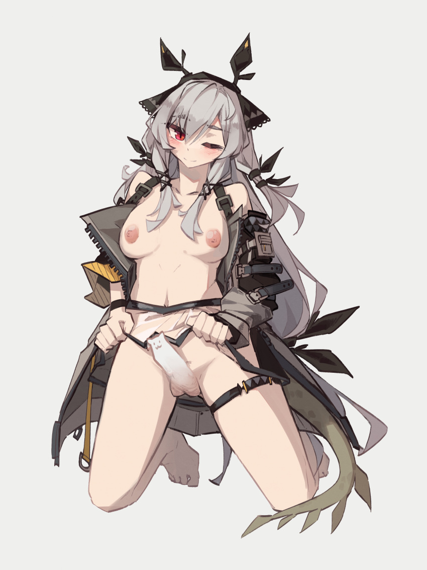 1girl absurdres arknights bare_shoulders barefoot blush breasts censored closed_mouth commentary english_commentary full_body futanari grey_background grey_hair grey_jacket highres jacket kneeling long_hair long_sleeves looking_at_viewer medium_breasts navel nipples novelty_censor one_eye_closed open_clothes open_jacket red_eyes see-through simple_background solo tail togekk0 weedy_(arknights)