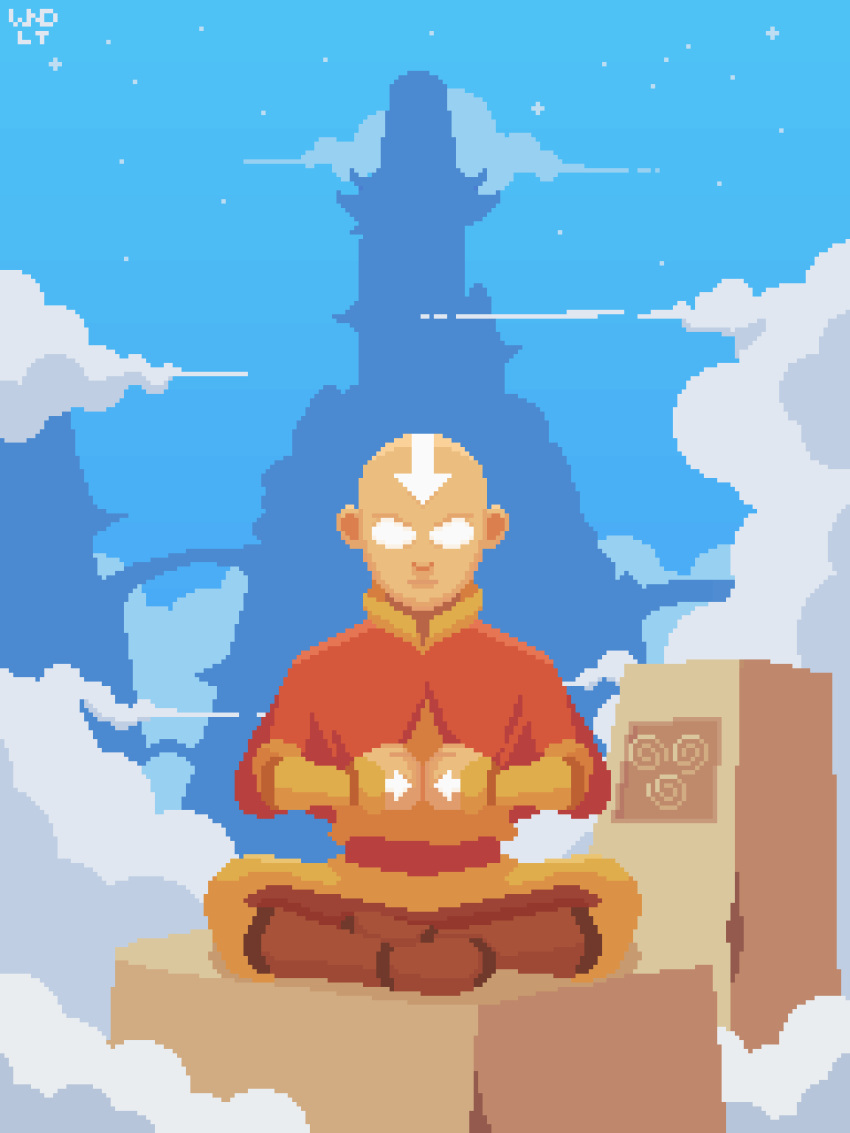 1boy aang absurdres animated animated_gif avatar:_the_last_airbender avatar_legends bald blue_sky breathing bright_pupils brown_footwear cloud day highres male_focus meditation outdoors own_hands_together robe silhouette sitting sky solo white_pupils wind wind_light
