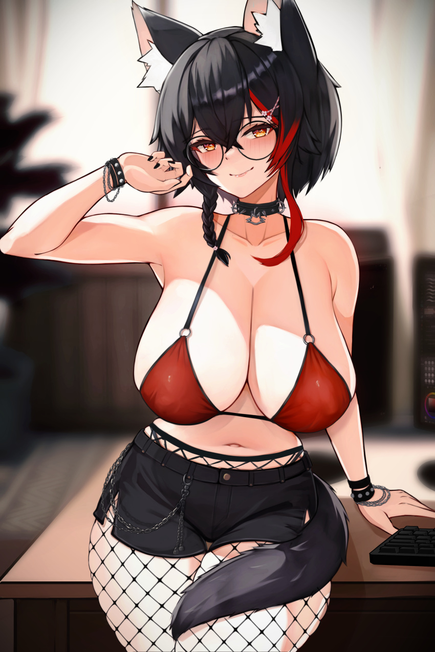 1girl absurdres animal_ears bikini black_choker black_hair black_nails black_shorts blurry blurry_background blush bracelet breasts brown_eyes choker cleavage closed_mouth fishnet_pantyhose fishnets glasses hair_between_eyes highres hololive huge_breasts indoors jewelry looking_at_viewer multicolored_hair navel ookami_mio pantyhose red_bikini red_hair round_eyewear short_shorts shorts smile solo streaked_hair string_bikini swimsuit tail varniskarnis virtual_youtuber wolf_ears wolf_tail