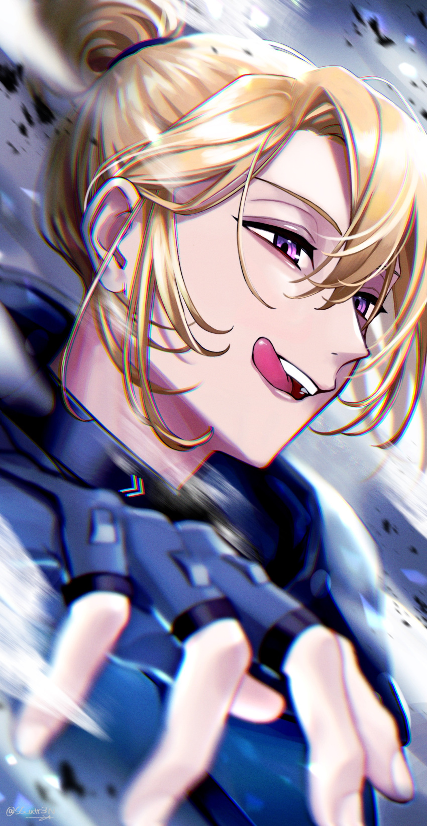 1boy absurdres alternate_hairstyle artist_name blonde_hair blue_gloves blurry blurry_foreground commentary debris english_commentary fingerless_gloves floating_hair gloves hair_between_eyes hand_up high_ponytail highres licking_lips long_hair looking_away luca_kaneshiro male_focus nijisanji nijisanji_en open_mouth parody ponytail purple_eyes sidelocks smile smoke solo ss_utr3n teeth tongue tongue_out twitter_username upper_body upper_teeth_only valorant virtual_youtuber