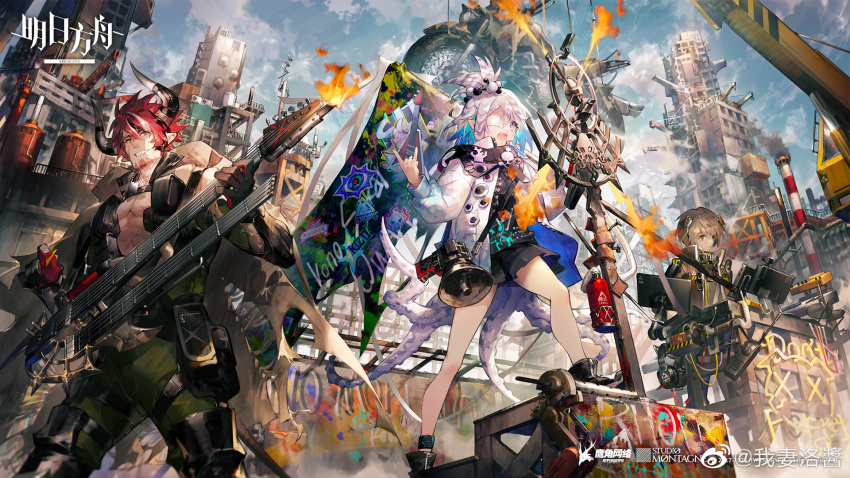 abs animal_ears arknights bara bare_pectorals chinese_commentary cloud cloudy_sky copyright_name cow_boy cow_horns crane_(machine) dog_boy dog_ears double_neck_guitar eyepatch fire graffiti greyy_(arknights) greyy_the_lightningbearer_(arknights) highres holding holding_instrument holding_plectrum horns humus_(arknights) instrument jacket kirara_(arknights) megaphone microphone motor_vehicle motorcycle official_art pectorals pink_jacket plectrum pointy_ears ponytail scorpion5050 sky smoke smokestack tentacles weibo_logo weibo_username
