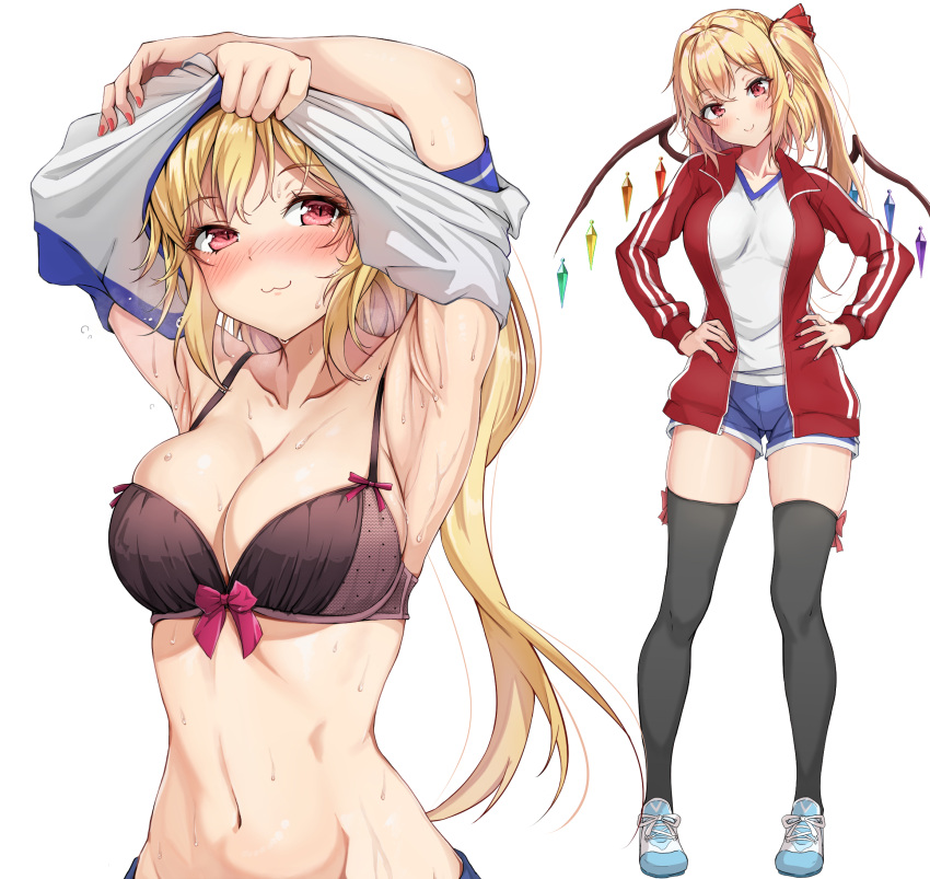 1girl alternate_costume amagi_(amagi626) armpits arms_up black_socks blush bow bow_bra bow_legwear bra breasts censored crystal_wings flandre_scarlet full_body hands_on_own_hips head_tilt highres jacket looking_at_viewer midriff multiple_views navel red_jacket school_uniform shoes simple_background socks sportswear standing stomach sweat touhou translation_request underwear undressing white_background