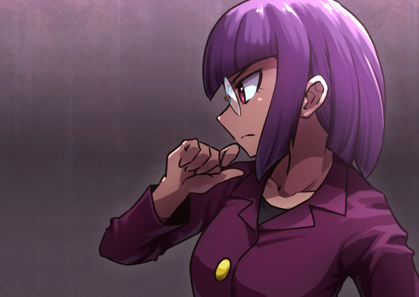 1girl black_shirt blunt_bangs buttons closed_mouth collarbone commentary_request eyelashes frown glasses hand_up jacket kotobukkii_(yt_lvlv) looking_down matori_(pokemon) medium_hair pink_eyes pokemon pokemon_(anime) purple_hair purple_jacket shirt solo upper_body