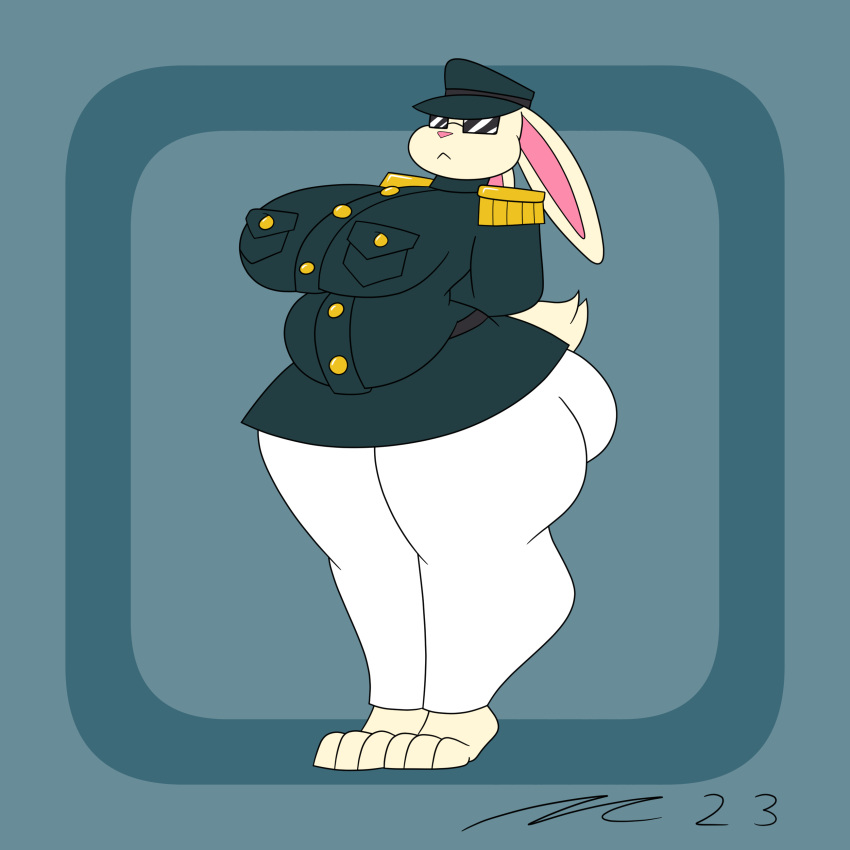 absurd_res anthro big_breasts biped breasts closed_frown clothing crossed_arms dirtymac eyewear female fur hands_behind_back hat headgear headwear hi_res lagomorph leporid mac_daddy mammal military_outfit rabbit sunglasses white_body white_fur