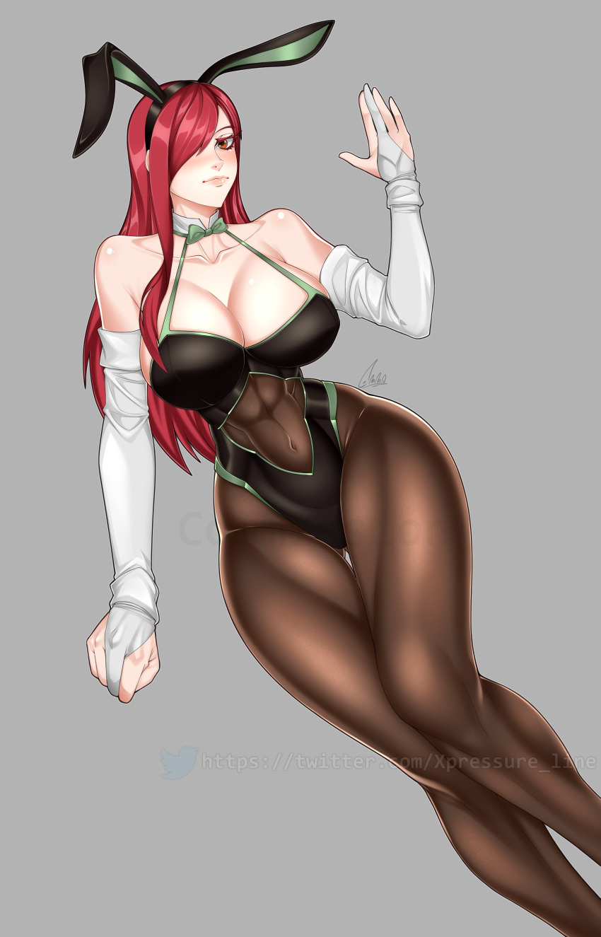 absurdres breasts emma_pressure erza_scarlet fairy_tail highres huge_breasts large_breasts legs long_legs mature_female playboy_bunny socks solo spread_legs