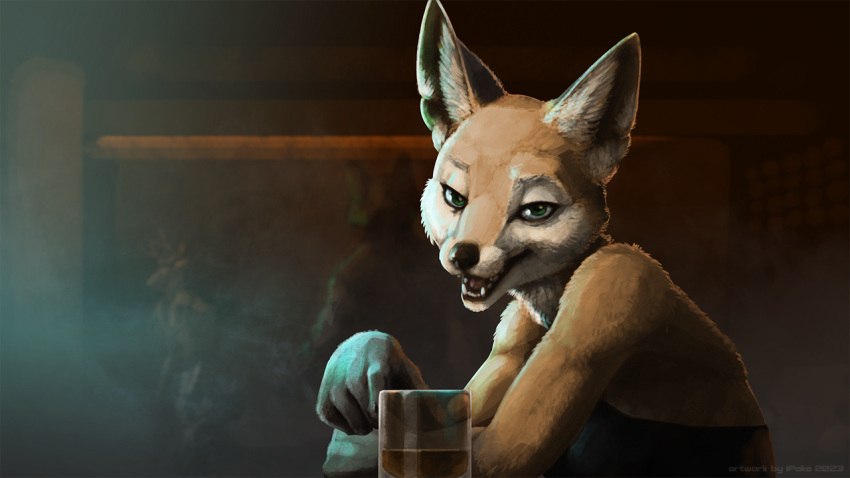 2023 5_fingers anonymous_character anthro artist_name background_character bar beverage black_clothing black_dress black_nose breasts canid canine clothed clothing container countershade_fur countershading cup detailed detailed_background detailed_fur dialogue digital_media_(artwork) digital_painting_(artwork) dress eye_glint eyeliner female fingers fox fully_clothed fur glass glass_container glass_cup green_eyes half-length_portrait inner_ear_fluff inside ipoke looking_at_viewer makeup mammal mature_anthro mature_female open_mouth orange_body orange_fur portrait seductive shaded sitting smoke soft_shading solo talking_to_viewer tongue tuft