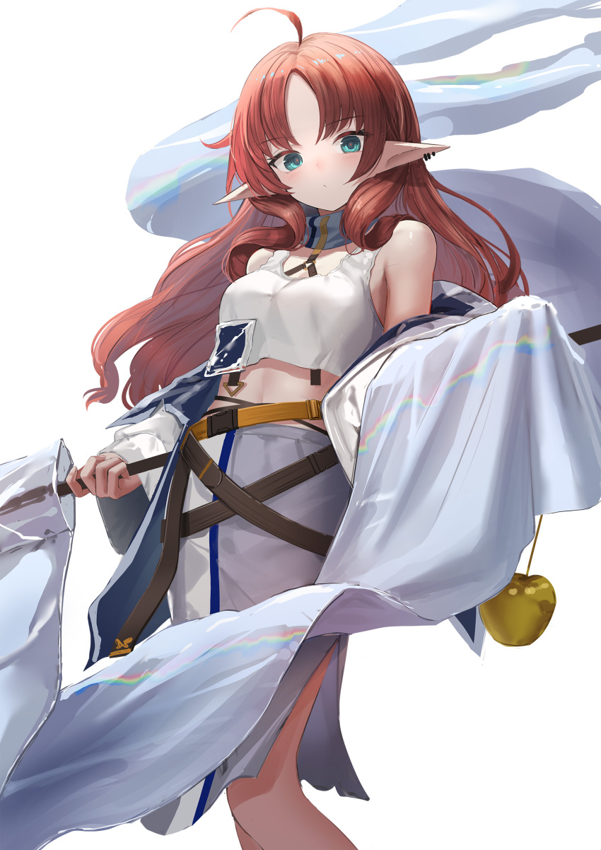 1girl absurdres ahoge apple aqua_eyes arknights bare_shoulders closed_mouth commentary_request ear_piercing feet_out_of_frame flag food fruit golden_apple highres holding holding_flag jacket long_hair long_sleeves looking_at_viewer myrtle_(arknights) navel off_shoulder open_clothes open_jacket parted_bangs piercing pointy_ears red_hair simple_background skirt solo sthk tank_top white_background white_flag white_jacket white_skirt white_tank_top