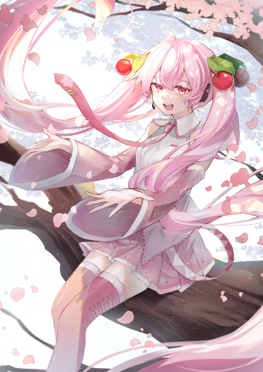 1girl cherry_blossoms cherry_hair_ornament collared_shirt commentary_request detached_sleeves facing_viewer falling_petals feet_out_of_frame food-themed_hair_ornament hair_ornament hatsune_miku headset highres in_tree long_hair looking_afar murumuru_(pixiv51689952) music necktie open_mouth petals pink_eyes pink_hair pink_necktie pink_skirt pink_thighhighs pleated_skirt sakura_miku sakura_no_ame_(vocaloid) shirt singing sitting sitting_in_tree skirt sleeveless sleeveless_shirt smile solo teeth thighhighs tie_clip tongue tree twintails very_long_hair vocaloid white_shirt