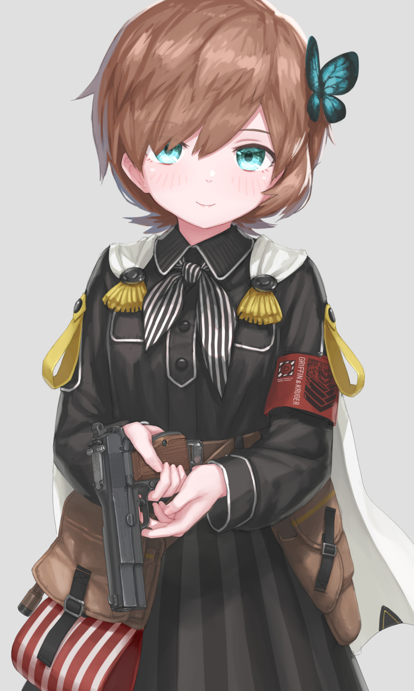 belt_pouch black_ribbon black_shirt black_skirt blue_eyes brown_hair browning_hi-power butterfly_hair_ornament cape closed_mouth girls'_frontline grey_background griffin_&amp;_kryuger gun hair_between_eyes hair_ornament handgun hayashi_naoharu highres holding holding_gun holding_weapon holster hp-35_(girls'_frontline) long_sleeves looking_at_viewer pouch red_armband ribbon shirt short_hair simple_background skirt smile striped striped_ribbon striped_skirt vertical-striped_skirt vertical_stripes weapon white_cape