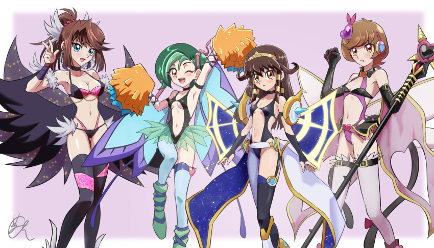 4girls adapted_costume armpits arms_up belt bikini black_gloves blue_eyes boots bridal_gauntlets brown_eyes brown_hair character_name chaya_mago constellar_sombre constellar_sombre_(cosplay) cosplay cxyz_dark_fairy_cheer_girl cxyz_dark_fairy_cheer_girl_(cosplay) fairy_cheer_girl fairy_cheer_girl_(cosplay) fake_wings feet_out_of_frame fur_armlet gloves gold_headband green_hair hair_tubes hand_up harpie_dancer harpie_dancer_(cosplay) harpie_girl_(yu-gi-oh!) harpie_girl_(yu-gi-oh!)_(cosplay) harpie_queen harpie_queen_(cosplay) high_heels highres holding holding_pom_poms holding_staff holding_wand long_hair mazaki_anzu medium_hair mizuki_kotori_(yu-gi-oh!) multiple_girls one_eye_closed open_mouth pom_pom_(cheerleading) ponytail sera_(yu-gi-oh!) short_hair signature single_leg_pantyhose single_thighhigh staff swimsuit thigh_belt thigh_strap thighhighs trickstar_black_catbat trickstar_black_catbat_(cosplay) wand winged_arms wings yu-gi-oh! yu-gi-oh!_the_dark_side_of_dimensions yu-gi-oh!_vrains yu-gi-oh!_zexal