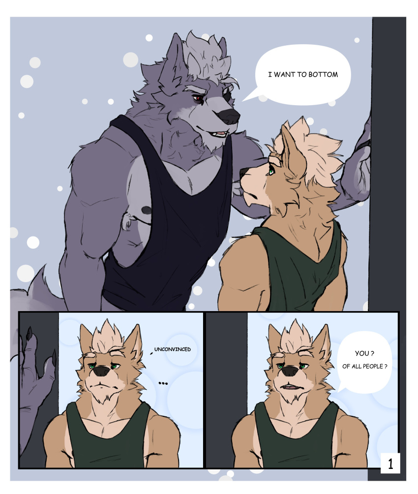 absurd_res anthro canid canine canis clothing comic duo english_text eye_contact fox fox_mccloud hi_res looking_at_another male male/male mammal nintendo nipples pecs shirt speech_bubble star_fox tank_top text topwear toroi wolf wolf_o'donnell