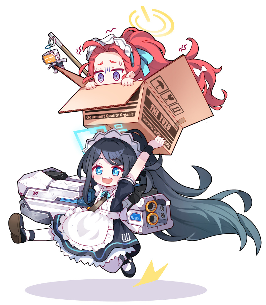 &lt;key&gt;_(robot)_(blue_archive) 2girls absurdly_long_hair absurdres ahoge apron aris_(blue_archive) aris_(maid)_(blue_archive) black_dress black_footwear black_hair blue_archive blue_eyes blue_halo blush box dress frilled_apron frills halo highres holding holding_box in_box in_container long_hair maid maid_apron maid_headdress multiple_girls official_alternate_costume open_mouth pantyhose purple_eyes red_hair shoes short_sleeves simple_background smile teeth upper_teeth_only very_long_hair white_apron white_background white_pantyhose xtacy yellow_halo yuzu_(blue_archive) yuzu_(maid)_(blue_archive)