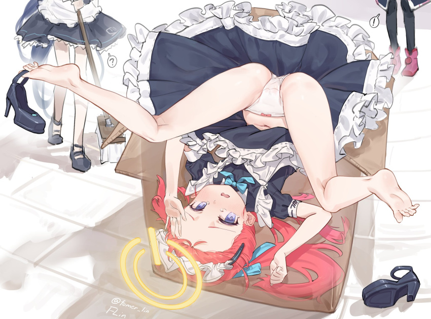 ! 3girls ? alternate_costume apron aqua_ribbon aris_(blue_archive) aris_(maid)_(blue_archive) artist_name ass barefoot black_dress black_footwear blue_archive blue_eyes bow bow_panties box cameltoe cardboard_box dress enmaided feet fomerlin frilled_apron frilled_dress frills hair_ribbon halo head_out_of_frame high_heels highres in_box in_container maid maid_apron maid_headdress mary_janes momoi_(blue_archive) multiple_girls navel official_alternate_costume open_mouth panties parted_bangs red_hair ribbon shoe_dangle shoes shoes_removed soles spoken_exclamation_mark spoken_question_mark stomach tearing_up thighs toes twitter_username underwear upside-down wavy_mouth white_apron white_panties yuzu_(blue_archive) yuzu_(maid)_(blue_archive)