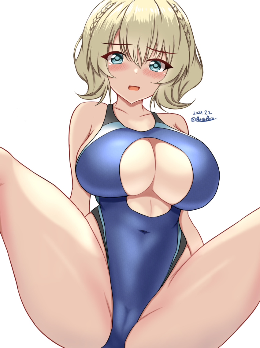 1girl black_one-piece_swimsuit blonde_hair blue_eyes blue_one-piece_swimsuit braid breasts cameltoe cleavage_cutout clothing_cutout colorado_(kancolle) competition_swimsuit covered_navel dated highres kantai_collection large_breasts montemasa multicolored_clothes multicolored_swimsuit one-piece_swimsuit open_mouth short_hair side_braids solo swimsuit twitter_username two-tone_swimsuit