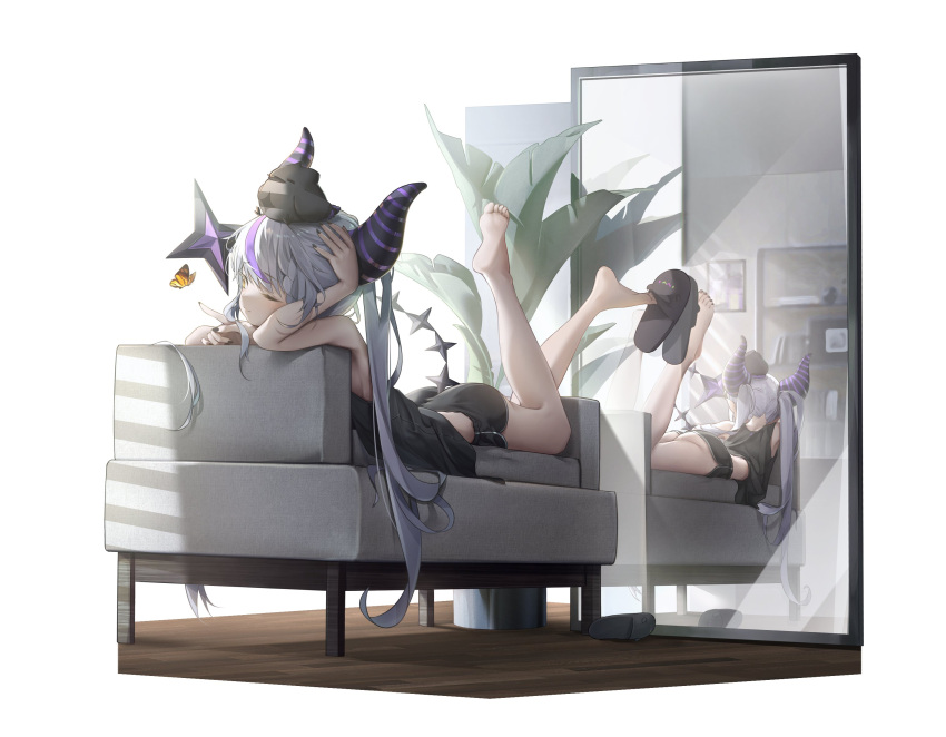 1girl alternate_costume alternate_hairstyle animal_on_head ass bare_shoulders barefoot bird bird_on_head black_horns black_nails black_shirt black_shorts braid braided_bangs bug butterfly cirkus couch crow_(la+_darknesss) grey_hair highres hololive horns la+_darknesss legs_up long_hair lying mirror multicolored_hair on_couch on_head on_stomach one_eye_closed plant pointy_ears potted_plant purple_hair reflection shirt shorts slippers solo streaked_hair striped_horns toes twintails virtual_youtuber yellow_eyes
