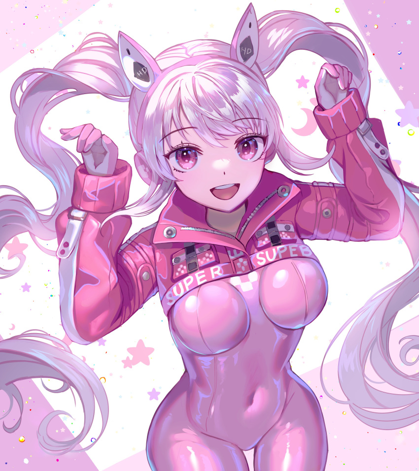 1girl :d absurdres alice_(nikke) animal_ear_headphones animal_ears bodysuit breasts clothes_writing covered_navel cowboy_shot cropped_jacket fake_animal_ears from_above gloves goddess_of_victory:_nikke headphones highres impossible_bodysuit impossible_clothes jacket long_hair looking_at_viewer medium_breasts pink_bodysuit pink_eyes pink_gloves pink_hair puffy_sleeves rabbit_pose raymond_busujima red_jacket sidelocks skin_tight sleeves_past_wrists smile solo star_(symbol) teeth thigh_gap twintails two-tone_gloves upper_teeth_only white_gloves wide_hips
