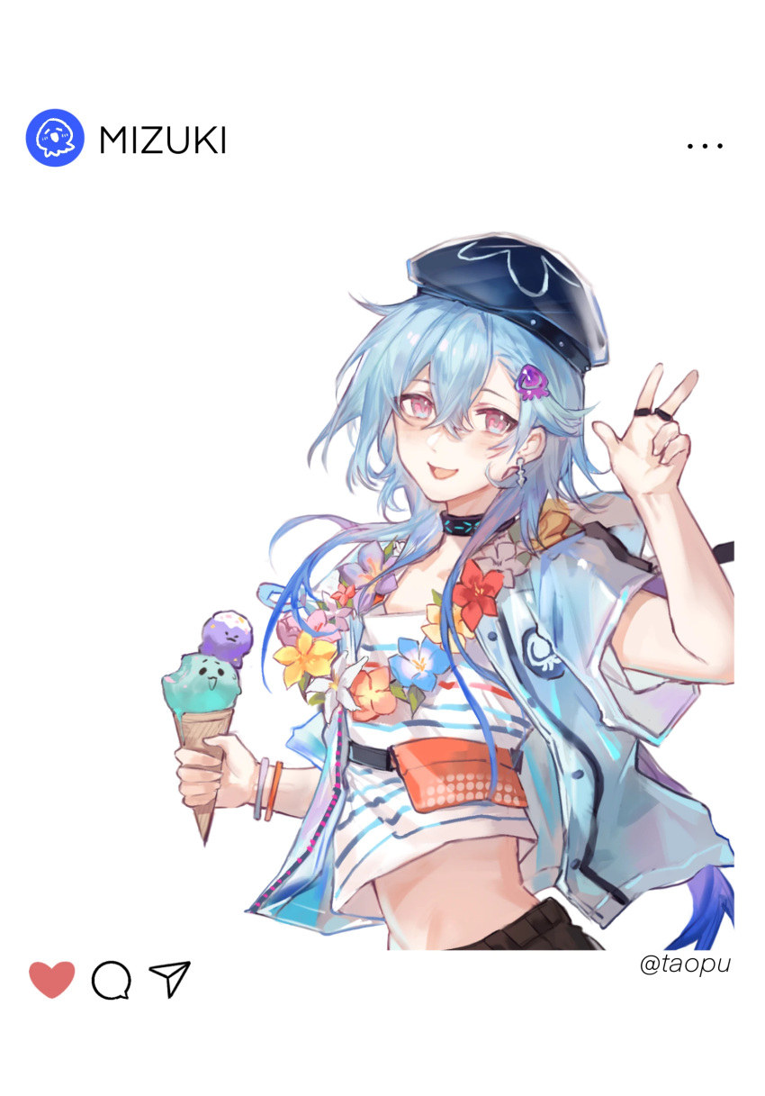 1boy :d arknights black_collar black_pants blue_hair blue_headwear character_name collar earrings hair_between_eyes hand_up highres holding_ice_cream_cone infection_monitor_(arknights) jacket jellyfish_hair_ornament jewelry layered_sleeves long_hair looking_at_viewer male_focus midriff mizuki_(arknights) multiple_rings open_clothes open_jacket open_mouth otoko_no_ko pants pink_eyes ring shirt short_sleeves smile transparent_background v white_jacket white_shirt yipingtaopuzi