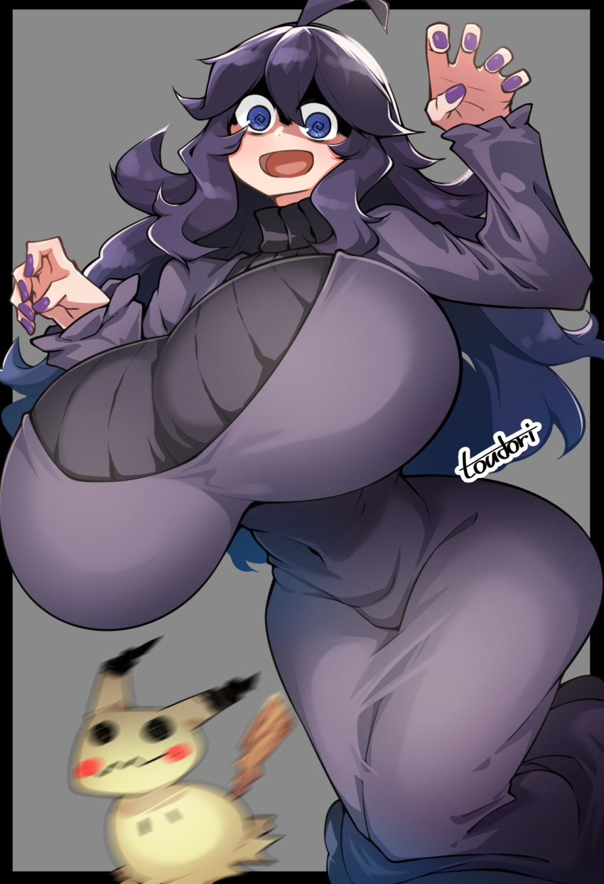 1girl :d @_@ ahoge artist_name black_border blue_eyes border breasts claw_pose covered_navel dress grey_background hex_maniac_(pokemon) highres huge_breasts long_hair long_sleeves looking_at_viewer mimikyu motion_blur nail_polish open_mouth pokemon pokemon_(game) pokemon_xy purple_dress purple_hair purple_nails ribbed_sweater signature smile solo sweater thick_thighs thighs toudori