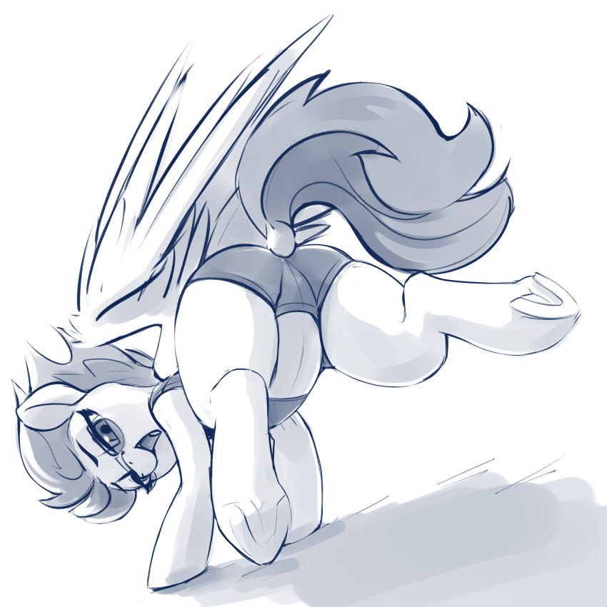 2019 bottomwear butt clothing dimfann dock equid equine eyebrows eyelashes eyewear feathered_wings feathers female feral friendship_is_magic glasses hair hasbro hi_res hooves looking_at_viewer mammal mane monochrome my_little_pony open_mouth open_smile pegasus simple_background smile solo spitfire_(mlp) tail topwear underhoof underwear white_background wings wonderbolts_(mlp)