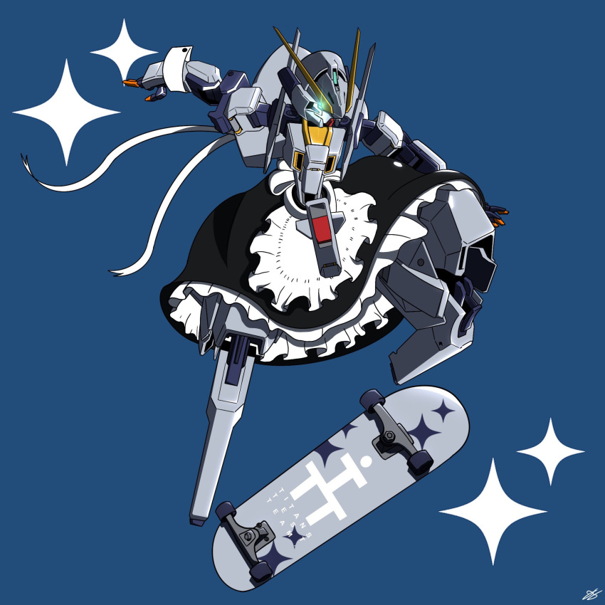 advance_of_zeta alternate_costume apron black_skirt blue_background blue_eyes clothed_robot commentary commission english_commentary enmaided glowing glowing_eye gundam highres maid maid_apron mecha mobile_suit no_humans outstretched_arms robot science_fiction signature skateboard skateboarding skirt solo star_(symbol) tr-6_woundwort v-fin waist_apron white_apron white_wrist_cuffs wrist_cuffs zjeorno