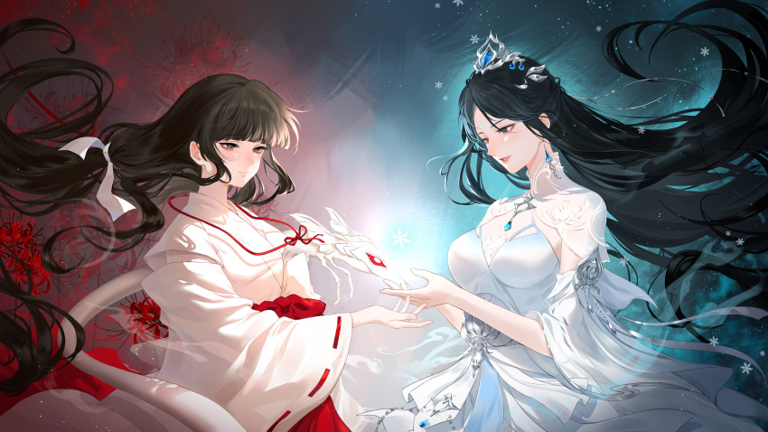 2girls absurdres artist_request blue_dress closed_mouth dress earrings facial_mark flower forehead_mark from_side hair_ornament hair_tie hakama highres inuyasha japanese_clothes jewelry kikyou_(inuyasha) long_sleeves lu_xueqi_(zhu_xian) miko multiple_girls open_mouth red_hakama sash second-party_source smile snowflakes spider_lily spirit tiara tongue two-tone_background upper_body zhu_xian