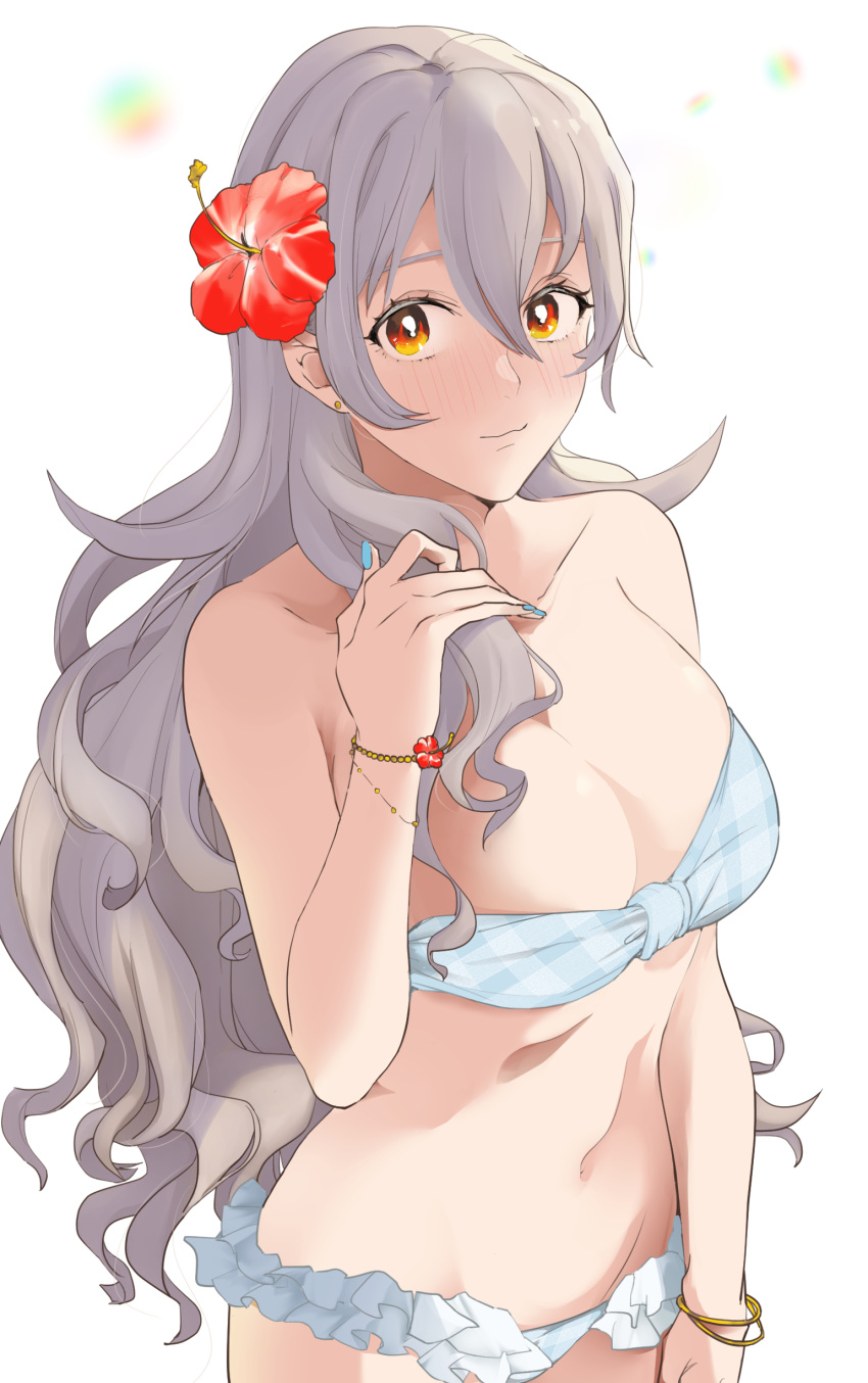 1girl absurdres alternate_costume bikini blue_nails blush breasts closed_mouth collarbone commentary_request corrin_(female)_(fire_emblem) corrin_(fire_emblem) fingernails fire_emblem fire_emblem_fates flower grey_hair hair_between_eyes hair_flower hair_ornament hibiscus highres large_breasts long_hair looking_at_viewer nail_polish navel orange_eyes pointy_ears red_flower simple_background solo sou_mei stomach swimsuit very_long_hair wavy_hair white_background white_bikini