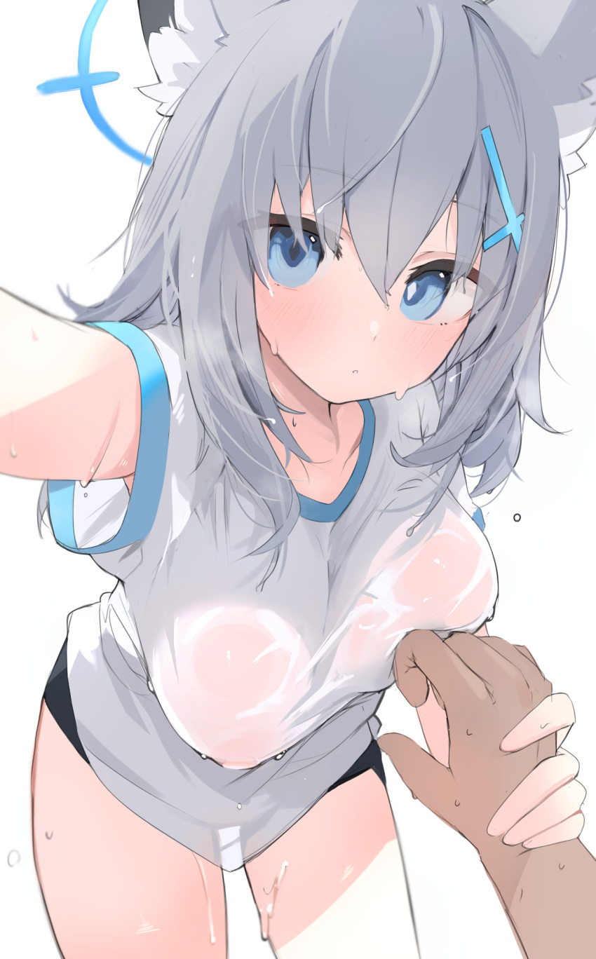 1boy 1girl animal_ear_fluff animal_ears assertive_female blue_archive blue_eyes blush breast_grab breasts grabbing grey_hair guided_breast_grab guiding_hand hair_ornament hairclip halo hetero highres holding_another's_wrist large_breasts leaning_forward looking_at_viewer mikozin mismatched_pupils nipples out_of_frame outstretched_arm paid_reward_available pov reaching_towards_viewer see-through shiroko_(blue_archive) shirt simple_background solo_focus wet wet_clothes wet_shirt white_background wolf_ears