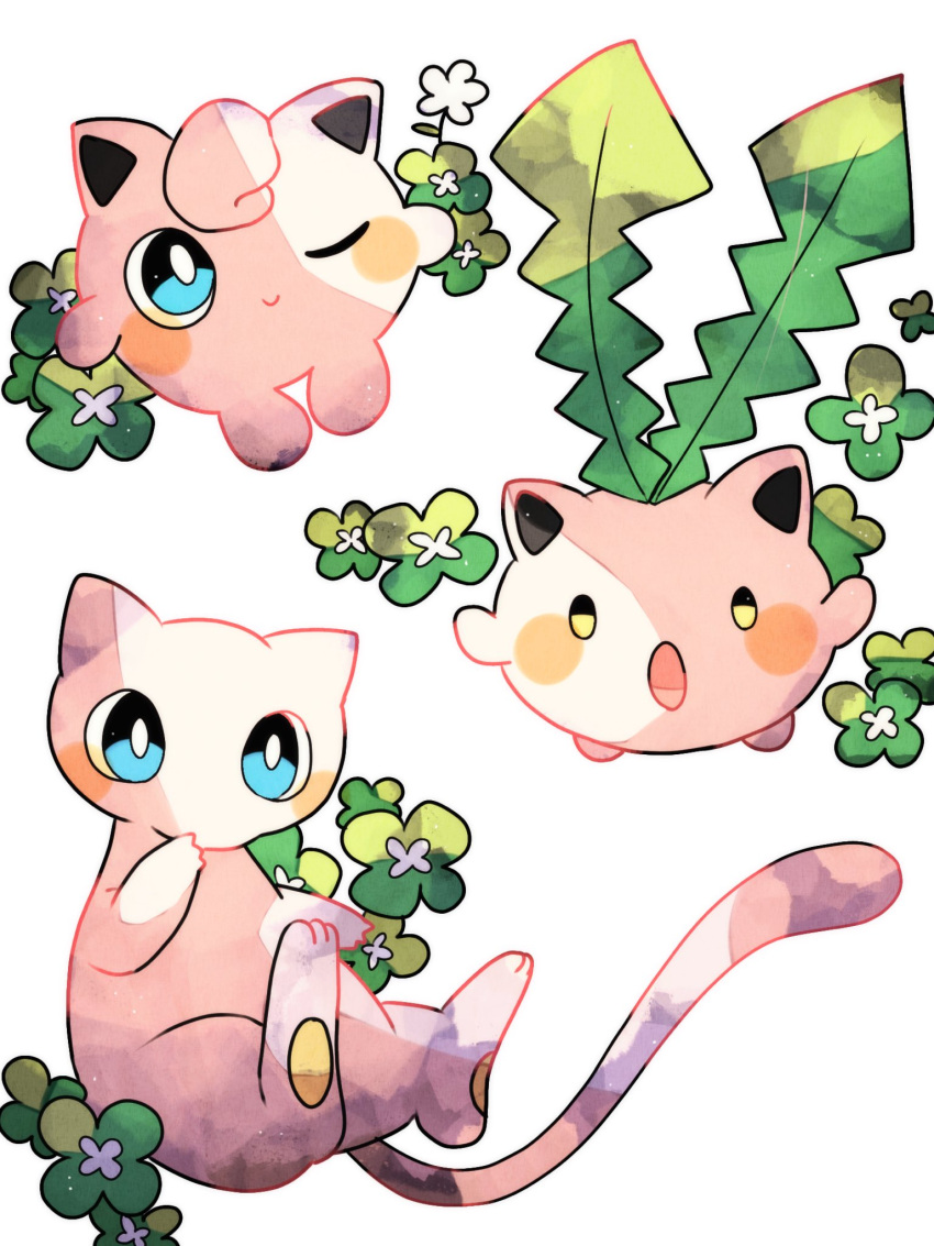 :o animal_focus blue_eyes clover colored_skin four-leaf_clover hanabusaoekaki highres hoppip jigglypuff mew_(pokemon) no_humans one_eye_closed pawpads pink_skin pokemon pokemon_(creature) simple_background solid_oval_eyes tail white_background