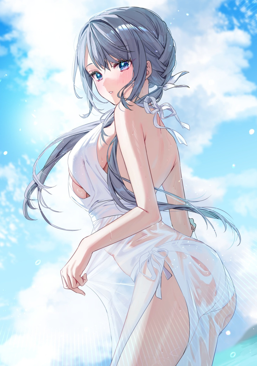 1girl bare_arms bare_shoulders bikini blue_eyes blush breasts chigusa_minori commentary_request dress from_behind grey_hair hair_ornament highres large_breasts long_hair looking_at_viewer looking_back original outdoors parted_lips saotome_shino_(chigusa_minori) side-tie_bikini_bottom sky solo swimsuit thighs white_bikini white_dress