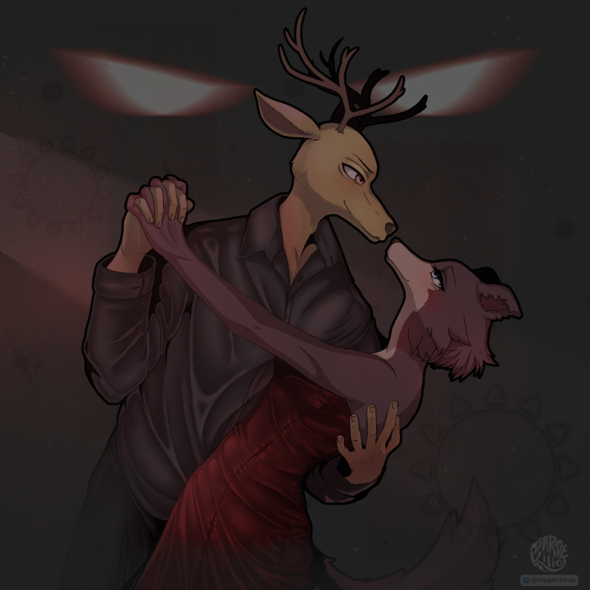 1:1 2023 5_fingers anthro antlers beastars black_nose breasts brown_body brown_fur canid canine canis cervine clothing dancing dardekilio deer digital_media_(artwork) dress dress_shirt duo female fingers fur grey_body grey_fur hand_holding hand_on_back hi_res horn humanoid_hands interlocked_fingers juno_(beastars) louis_(beastars) magentarus male male/female mammal red_deer romantic romantic_ambiance romantic_couple shirt signature smile topwear wolf