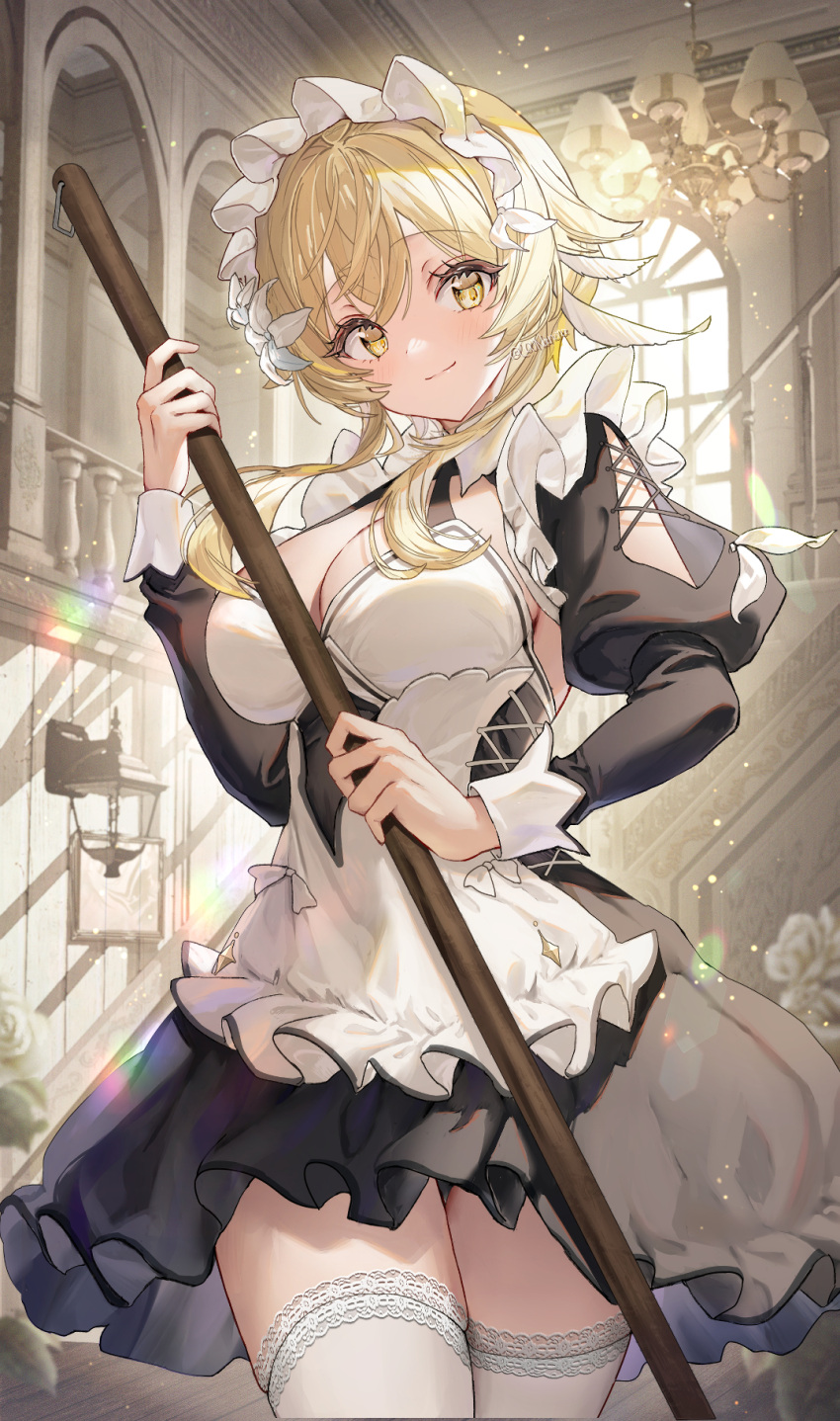 00nanona 1girl alternate_costume apron black_dress blonde_hair breasts broom chandelier cleavage closed_mouth commentary cowboy_shot day dress enmaided feather_hair_ornament feathers genshin_impact hair_ornament highres holding holding_broom indoors juliet_sleeves large_breasts lens_flare long_sleeves looking_at_viewer lumine_(genshin_impact) maid maid_headdress puffy_sleeves short_hair_with_long_locks sidelocks smile solo sunlight thigh_gap thighhighs white_apron white_thighhighs window yellow_eyes zettai_ryouiki