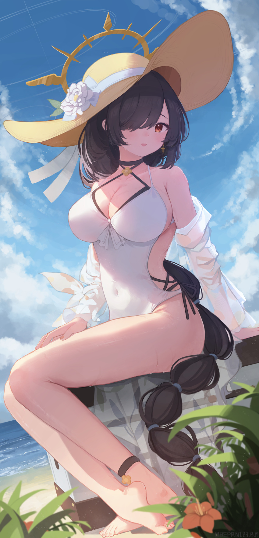 1girl :d absurdres akizuki_kawakaze anklet beach black_choker black_hair blue_archive blue_sky box braid breasts choker cleavage cloud cloudy_sky commentary_request criss-cross_halter earrings hair_over_one_eye halterneck hat highleg highleg_swimsuit highres hinata_(blue_archive) hinata_(swimsuit)_(blue_archive) horizon jewelry long_hair looking_at_viewer low_ponytail ocean one-piece_swimsuit red_eyes sidelocks single_braid sitting sitting_on_box sky sleeveless smile soles solo straw_hat sun_hat swimsuit toes white_one-piece_swimsuit