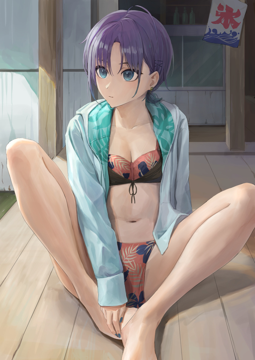 1girl absurdres ano_(gccx8784) asakura_toru bare_legs barefoot bikini breasts cleavage collarbone commentary_request highres hood hooded_jacket idolmaster idolmaster_shiny_colors jacket knees_up looking_to_the_side multicolored_bikini multicolored_clothes navel print_bikini purple_hair short_ponytail sitting small_breasts solo stomach swimsuit wooden_floor