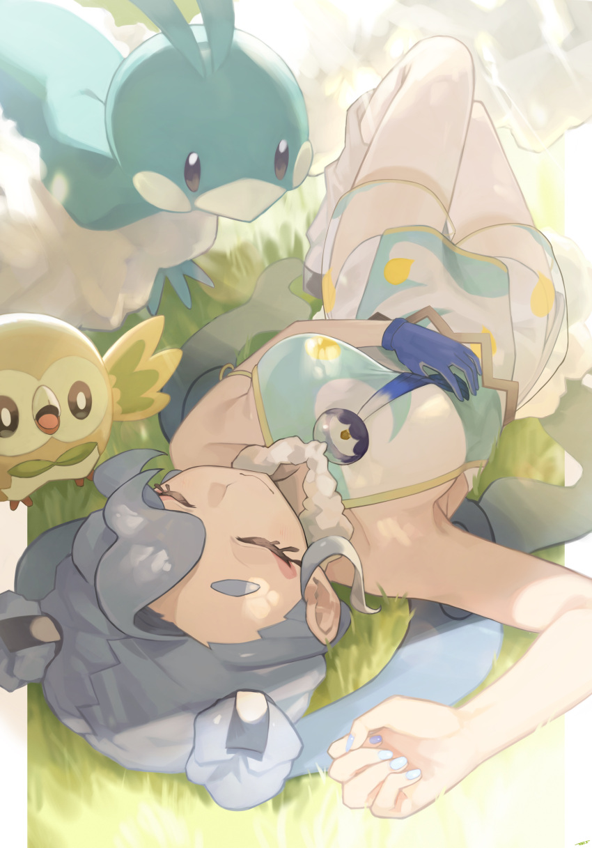 1girl absurdres altaria blue_gloves blue_nails closed_eyes closed_mouth commentary_request day eyelashes flying_miku_(project_voltage) gloves grass hand_on_own_stomach hatsune_miku highres long_hair loose_socks lying nail_polish on_back outdoors pokemon pokemon_(creature) project_voltage rowlet see-through_shorts single_glove socks twintails tyaui_(xjju4435) vocaloid
