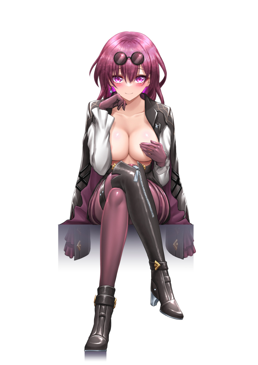 1girl black_jacket black_shorts blush boots breasts breasts_out cleavage collared_shirt covering covering_breasts eyewear_on_head gloves hair_between_eyes high-waist_shorts highres honkai:_star_rail honkai_(series) jacket kafka_(honkai:_star_rail) long_hair looking_at_viewer medium_breasts open_clothes open_mouth open_shirt pantyhose purple-tinted_eyewear purple_eyes purple_gloves purple_hair purple_pantyhose round_eyewear royboy shirt shorts single_thigh_boot sitting smile solo sunglasses thigh_boots tinted_eyewear white_background white_shirt