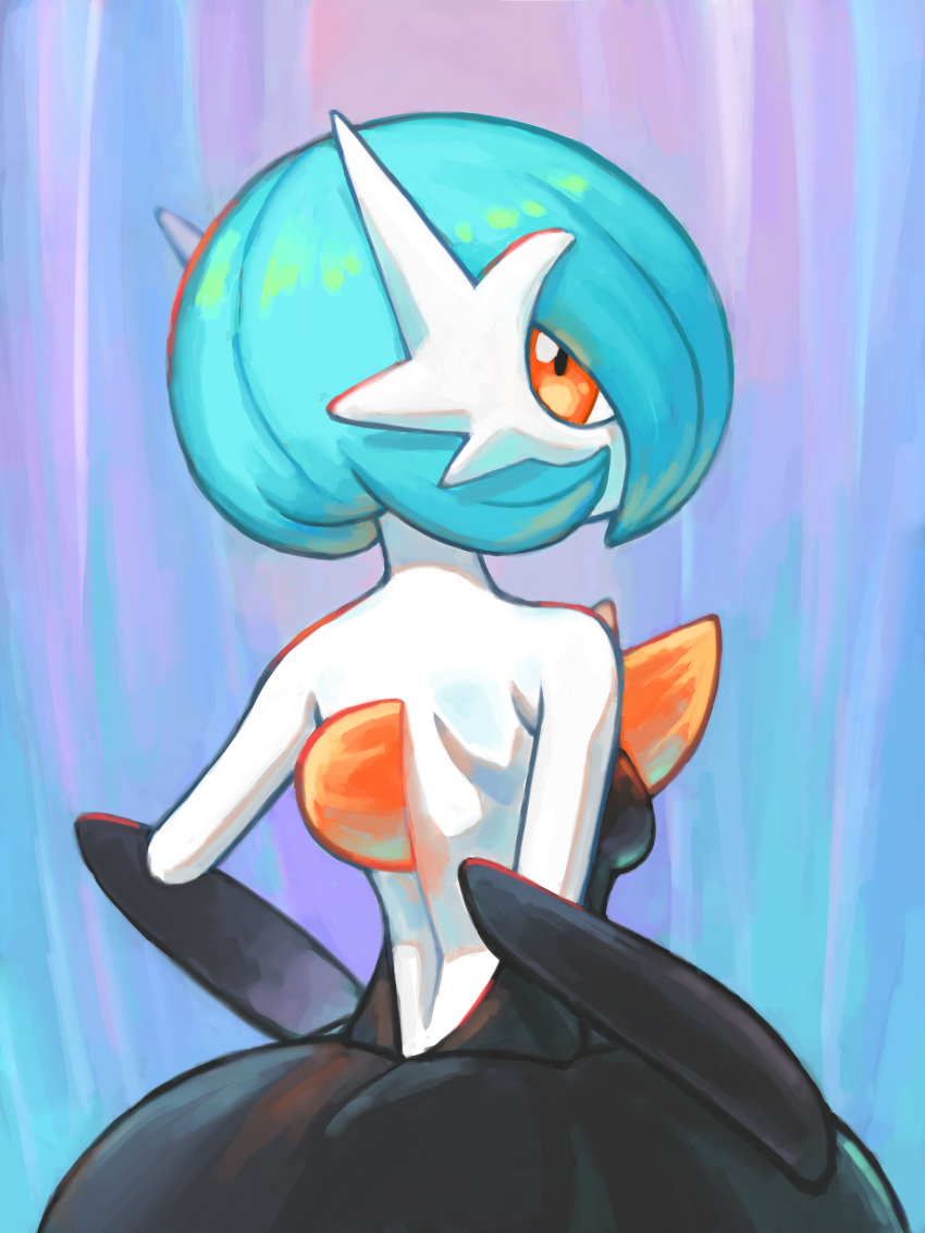 1girl absurdres alternate_color back back_focus backless_dress backless_outfit bare_shoulders black_dress black_gloves blue_background blue_hair bob_cut breasts colored_skin commentary_request dress elbow_gloves from_behind gardevoir gloves highres korean_commentary looking_at_viewer looking_back mega_gardevoir mega_pokemon mixed-language_commentary orange_eyes pokemon pokemon_(creature) raid_(donghyeok) shiny_pokemon short_hair simple_background small_breasts solo standing strapless strapless_dress upper_body white_skin